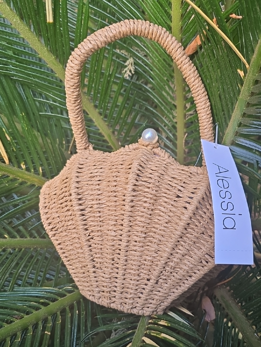 Alessia Beige Woven Shell Mini Bag with Pearl Clasp